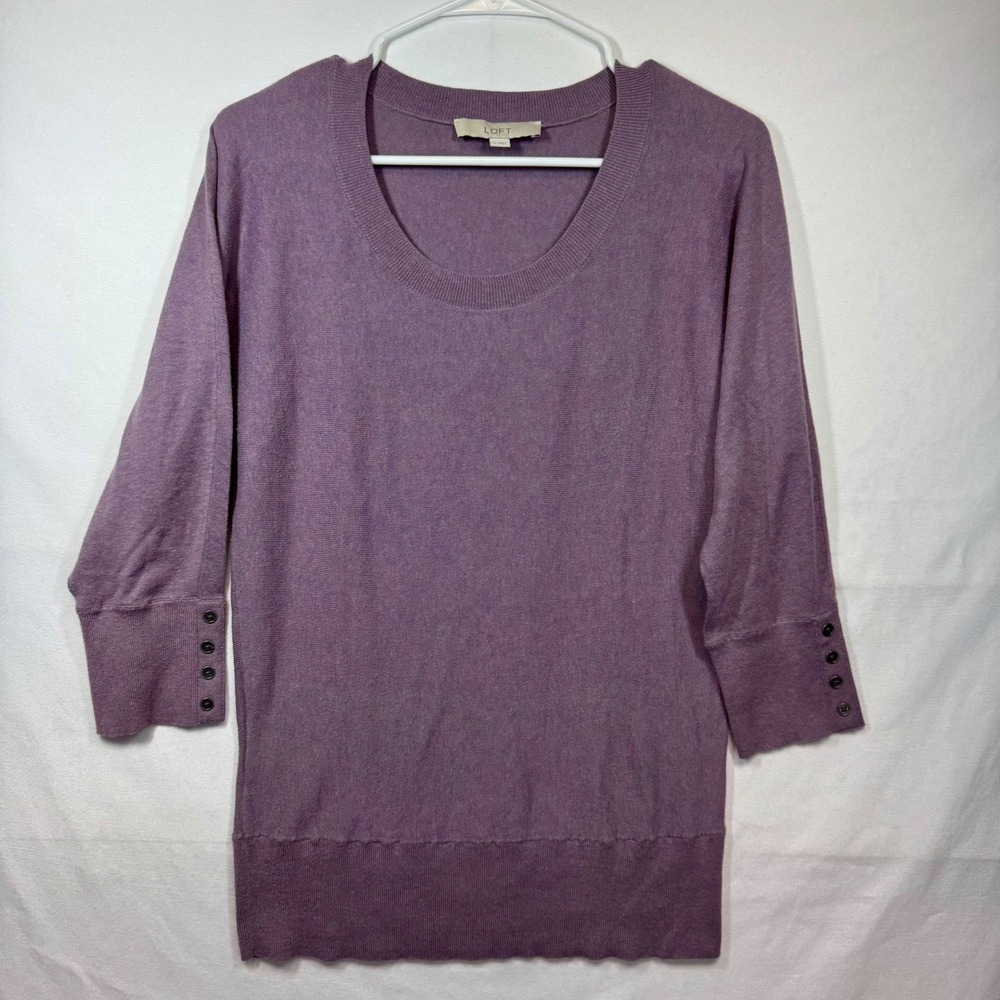LOFT Knit‎ Tunic Top Button Cuff 3/4 Sleeve Purple Sweater Size Medium